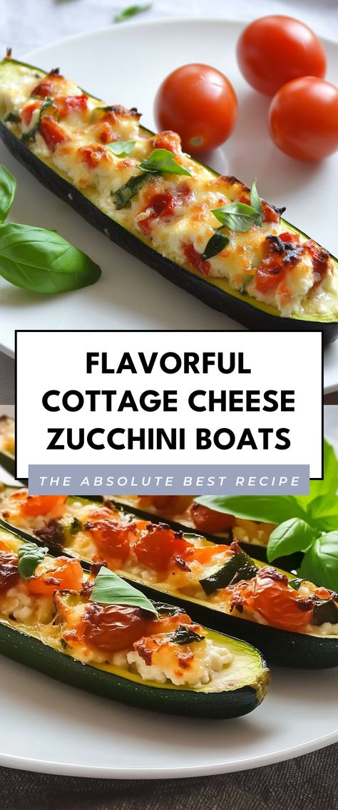 Image for Flavorful Cottage Cheese Zucchini Boats Zucchini And Cottage Cheese Recipes, Zucchini Cottage Cheese Recipes, Veggie Zucchini Boats, Cheese Zucchini Boats, Easy Zucchini Boat Recipes, Zucchini Cottage Cheese, Cottage Cheese Zucchini, Zucchini Boats Healthy Clean Eating, Zucchini Boats Low Calorie