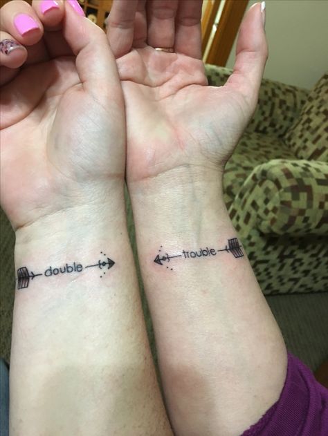 Best Friend Double Trouble Tattoo Double Trouble Tattoo Ideas, Bff Tattoos Small Unique, Double Trouble Tattoo, Trouble Tattoo, Bff Tats, Small Best Friend Tattoos, Xo Tattoo, Matching Best Friend Tattoos, Bff Tattoos