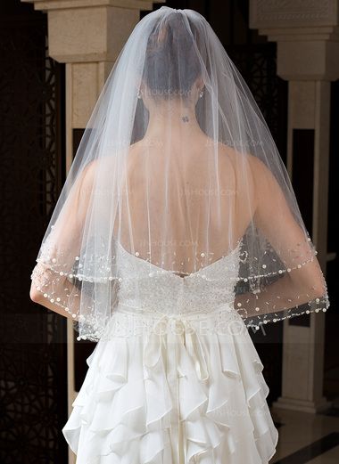 Two-tier Elbow Bridal Veils With Beaded Edge (006035735) - JJsHouse Edge Beading, Cheap Wedding Veil, Veil Ideas, Veil With Blusher, Short Bride, Wedding Veils Short, Short Veil, Blusher Veil, Wedding Bridal Veils