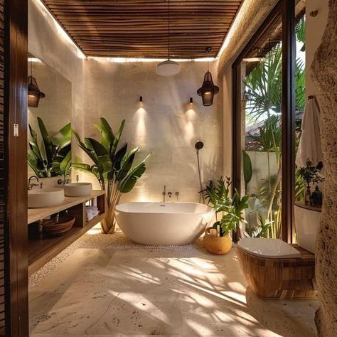 Warm Aesthetic Bedroom, Jungle Bathroom Ideas, Bali Villa Bathroom, Tub Inspiration, Bathroom With Clawfoot Tub, Bathtub Designs, Canggu Villa, Villa Bathroom, Jungle Bathroom