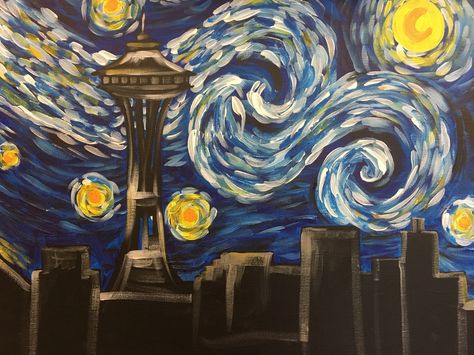 Pnw Art, Starry Night Background, Wine And Painting Party, Art Docent, Auction Projects, Wine Painting, Seattle Sounders, Night Background, Painting Party