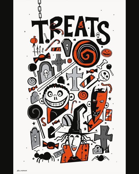 Kevin Tiernan | 🎃 Friday! I’m releasing these spooky prints with @galleries1988 🍬 Part of the Smorgasbord group show celebrating food!… | Instagram Spooky Prints, Trick Or Treaters, Food Instagram, Oogie Boogie, Kids Artwork, Trick Or Treater, The Nightmare Before Christmas, The Nightmare, Sci Fi Art