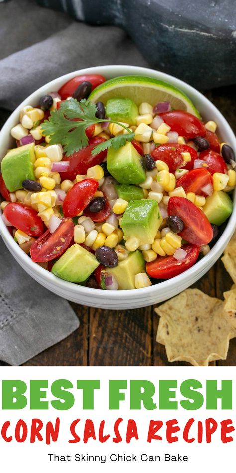 Black Bean Avocado and Corn Salsa - A healthy, fresh vegan salsa or salad recipe that's exceptionally delicious made with fresh sweet corn! Vegan Salsa, Mediterranean Salad Recipe, Healthy Dip, Best Vegetable Recipes, Corn Salsa Recipe, Vegetable Casserole Recipes, Fresh Summer Salad, Salsa Fresca, Greek Salad Recipes