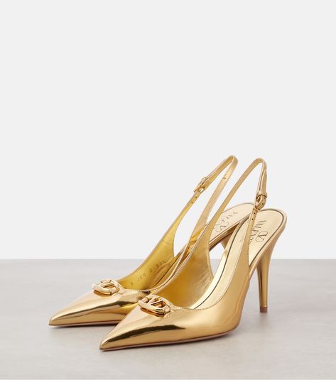 VLogo Signature leather slingback pumps in gold - Valentino Garavani | Mytheresa Grey Pumps, V Logo, Valentino Garavani Shoes, Silver Pumps, Gold Pumps, Designer Pumps, Blue Pumps, Pink Pumps, Valentino Shoes