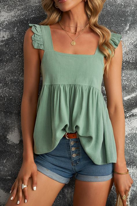 Ruched Tank Top, Slip Top, Babydoll Tank, Pretty Phone Wallpaper, Summer Closet, Aesthetic Fits, Green Tank Top, Church Outfits, Flutter Sleeve Top