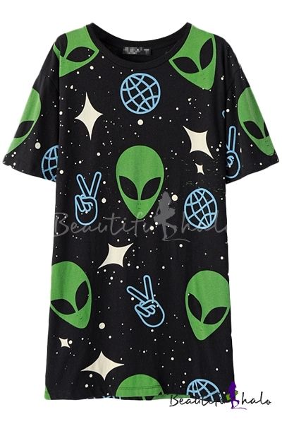 Alien Star Print Round Neck Short Sleeve Tunic T-Shirt Space Grunge, Black Short Sleeve Shirt, Round Neck Shirt, Shirts Black, Short Sleeve Tunic, Short Sleeve Tops, Round Neck Tops, Print Tunic, Dream Clothes