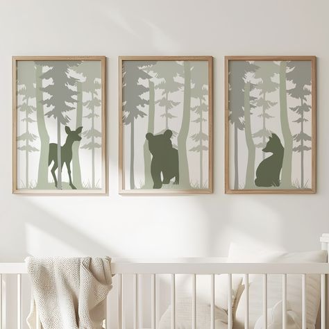 ✨ Bring the tranquil beauty of the forest to your nursery with our new "Forest Silhouettes Trio." Featuring soft greens and earthy greys, this set of woodland animal silhouettes creates a calming and whimsical atmosphere perfect for little dreamers. Choose any three animals to customize your set and create a peaceful space for your little one to grow and explore. 🦊🐻🦌 #NurseryDecor #WoodlandNursery #ForestAnimals #KidsRoomArt #FawnBearFox #MinimalistNursery #WoodlandCreatures #AnimalSilhouett... Woodland Silhouette, Gray Woodland Nursery, Baby Boy Nursery Room Design, Sage Green Forest, Calming Forest, Nursery Decor Woodland, Forest Backdrop, Woodland Nursery Boy, Shed Decor