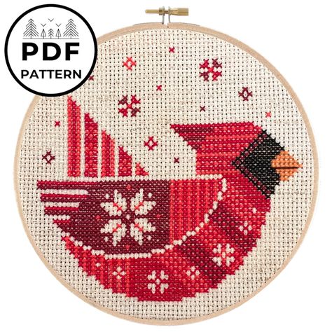 Festive Cardinal Cross Stitch Pattern – Pigeon Coop Pigeon Coop, Colour Codes, Holiday Birds, Holiday Cross Stitch, Aida Fabric, Nature Cross Stitch, Cross Stitch Patterns Christmas, Back Stitch, Christmas Embroidery