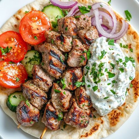 Souvlaki Pita, Pita Wraps, Pork Souvlaki, Pita Wrap, Pita Bread, Grilled Pork, Fresh Veggies, Pita, Bread