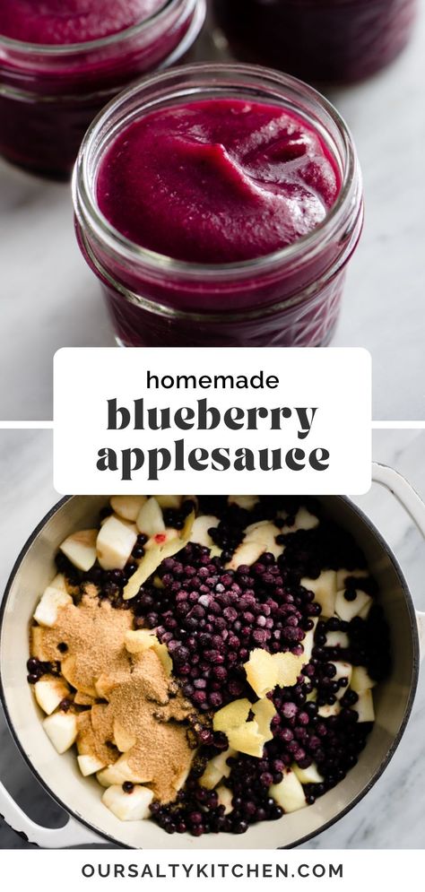 Level up your homemade applesauce game with this blueberry vanilla applesauce recipe! With intense flavor, this blueberry applesauce is a healthy recipe you can feel great about serving to your baby, toddler, and especially yourself. Serve over greek yogurt for a healthy breakfast, or enjoy as a snack or a treat. It's rich and decadent with zero guilt. #healthyrecipes #applesauce #snacks #kidfriendly Homemade Organic Applesauce, Diy Applesauce Easy, Recipes Using Applesauce Healthy, Healthy Snacks Fall, Diy Yogurt Melts Baby, Strawberry Applesauce Recipes, Healthy Snacks With Blueberries, Whole Food Toddler Snacks, Blueberry Toddler Recipes