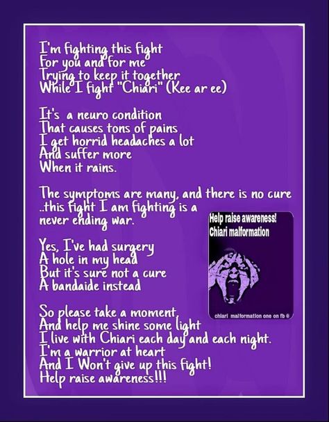 Living with Chiari 1 Malformation. Chiari Warrior's Life 💜 Chiari Malformation Quotes, Chiari Malformation Type 1, Chari Malformation, Chiari Warrior, Osgood Schlatter Disease, Medal Rack, Chiari Malformation, Working On Me, Preemies