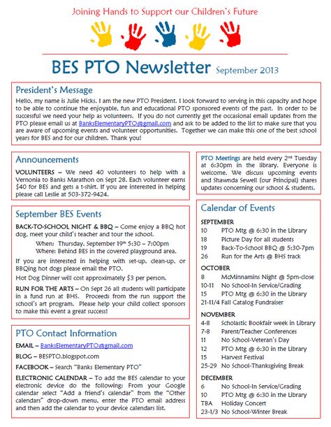 Banks Elementary PTO Leadership Organization, Elementary School Newsletter Template, Pto Membership, Pto Bulletin Board, School Newsletter Template Free, Pta Newsletter, Pta Bulletin Boards, Pta Board, September Newsletter