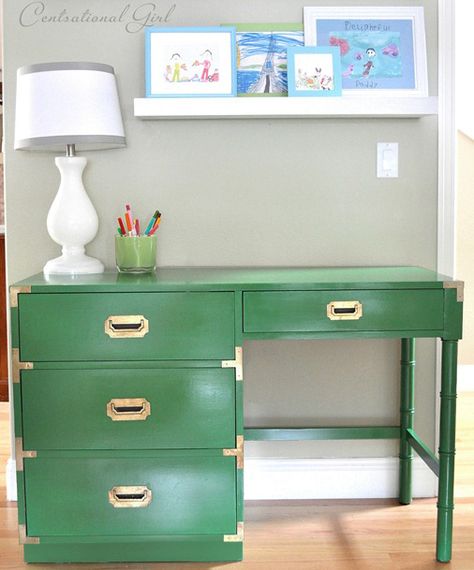 My Five Favorite Paint Colors - Shine Your Light Desk Redo, Green Painted Furniture, Campaign Desk, Blogger Home, Green Desk, Campaign Furniture, Desk Makeover, Green Home Decor, Furniture Trends