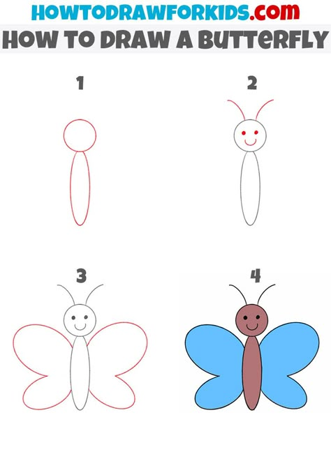 Step By Step Drawing For Preschoolers, Learn To Draw For Beginners Step By Step, How To Draw A Butterfly Step By Step, Butterfly Side Profile, Butterfly Step By Step Drawing, How To Draw For Kids, Butterfly Drawing Tutorial, How To Draw Butterfly, Draw A Butterfly