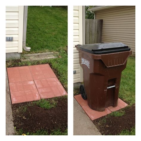 I put pavers under my trash can so it wasn't sitting in the mud. Trash Can Outdoor Ideas, Trash Area Outdoor, Trash Pad Ideas, Trash Can Pathway, Pea Gravel Trash Can Area, Garbage Can Pad Outdoor, Trash Can Platform Outdoor, Garbage Can Paver Pad, Trash And Recycle Bin Ideas Outside