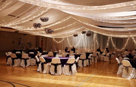 Wedding Backdrop Ceremony, Wedding Ceiling, Fun Wedding Decor, Indoor Gym, Gym Wedding, Wedding Ceremony Backdrop, Trendy Wedding Dresses, Reception Hall, Indoor Wedding