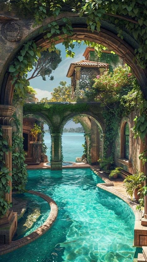 Dream Pools, Fantasy House, Fantasy City, Fantasy Places, Fantasy Art Landscapes, Design Your Dream House, Dream House Decor, Pretty Places, Pool Designs