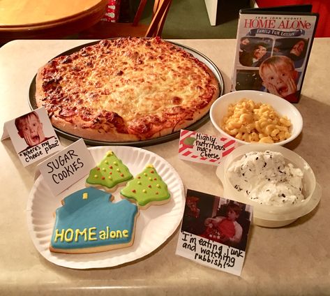 Home alone movie night Family Movie Night Dinner Ideas At Home, Family Movie Night Ideas Food Snacks, Christmas Movie Night Themes, Toddler Christmas Movie Night, Home Alone Dinner Ideas, Home Alone Dinner And A Movie, Home Alone Themed Food, Home Alone Movie Night Food, Home Alone Party Food