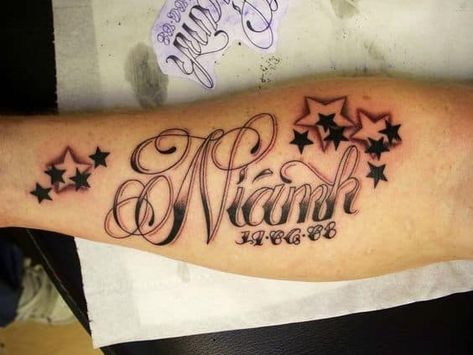 Kids Names Tattoo Ideas, saved tattoo, star 2p Name Tattoos Designs, Tato Nama, Name Tattoos On Arm, Baby Name Tattoos, Kid Name Tattoo, 10 Tattoo, Tattoos With Kids Names, Tattoo For Son, Incredible Tattoos