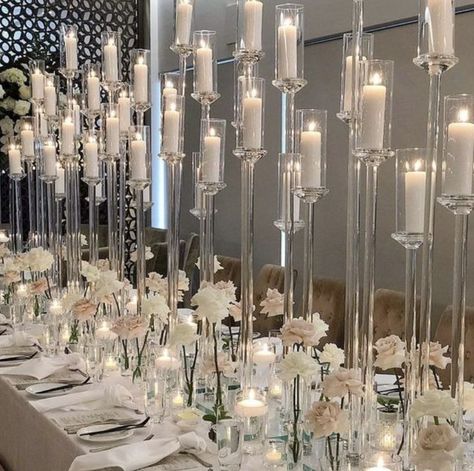 Acrylic Candelabra Wedding Centerpieces, Kings Table Wedding Decor, Diy Elegant Wedding Decor, Kings Table Wedding Centerpieces, Estate Table Decor, Kings Table Wedding, Contemporary Wedding Decor, Wedding Candelabra, Candelabra Wedding Centerpieces