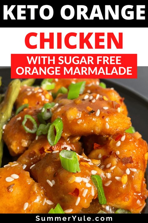 Learn how to make keto orange chicken with sugar free marmalade! Most orange chicken recipes are high in carbs due to added sugar and chicken breading. This healthy low carb diabetic orange chicken uses sugar free ingredients and skips the breading. Get my sugar free orange sauce recipe, get info on the carbs in orange chicken, and more! The whole family will love this easy keto orange chicken recipe! Prediabetic Chicken Recipes, Orange Sauce With Marmalade, Easy Chicken And Vegetable Recipes, Orange Marinade For Chicken, Chicken Boiled In Orange Juice, G Hughes Orange Ginger Marinade Recipes, Orange Chicken Made With Marmalade, Sugar Free Orange Chicken, Ww Orange Chicken