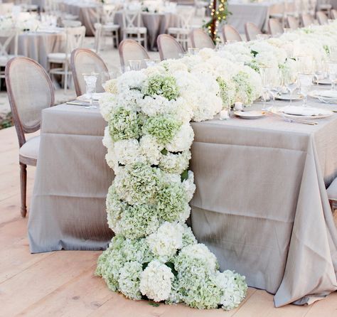 Cascading flower table runner at wedding Hydrangea Wedding Decor, Green Hydrangea Wedding, Hydrangea Flower Arrangements, California Vineyards, Hydrangea Wedding, Inside Weddings, Wedding Table Linens, Wedding Reception Flowers, Hydrangeas Wedding