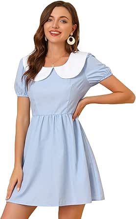 Allegra K Women's Contrast Peter Pan Collar Puff Short Sleeve A-line Dress Dressing Feminine, Weekend Dresses, Marine Uniform, Contrast Collar, Feminine Dress, Knee Dress, Flared Skirt, Pan Collar, Peter Pan Collar