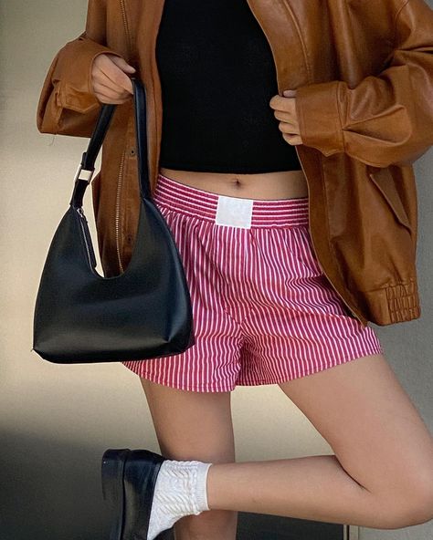 🍒❤️‍🔥💋♥️ outfit of the day, red boxer shorts, black loafers, style inspo, Pinterest style, Pinterest fashion Outfit Female Aesthetic, Mens Boxers Outfit Female, Boxers Outfit Female, Boxers Outfit, Female Aesthetic, Outfit Female, 2025 Trends, Style Pinterest, Pinterest Style