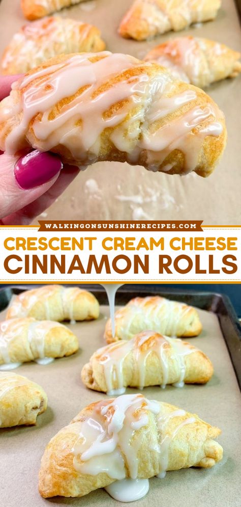 Here's an easy breakfast recipe to try! These Crescent Cream Cheese Cinnamon Rolls are made with flaky refrigerator crescent rolls stuffed with a cream cheese cinnamon filling. This cinnamon roll recipe also makes the best Fall baking recipe! Cresent Cheese Danish Crescent Rolls, Cinnamon Rolls Homemade Easy Crescent Rolls, Breakfast Ideas Cresent Roll, Breakfast Ideas Using Cream Cheese, Cream Cheese Filled Cinnamon Rolls, Snacks To Make With Crescent Rolls, Store Bought Crescent Roll Recipes, Honey Crescent Roll Recipes, Cinnamon Cream Cheese Crescent Roll Bake