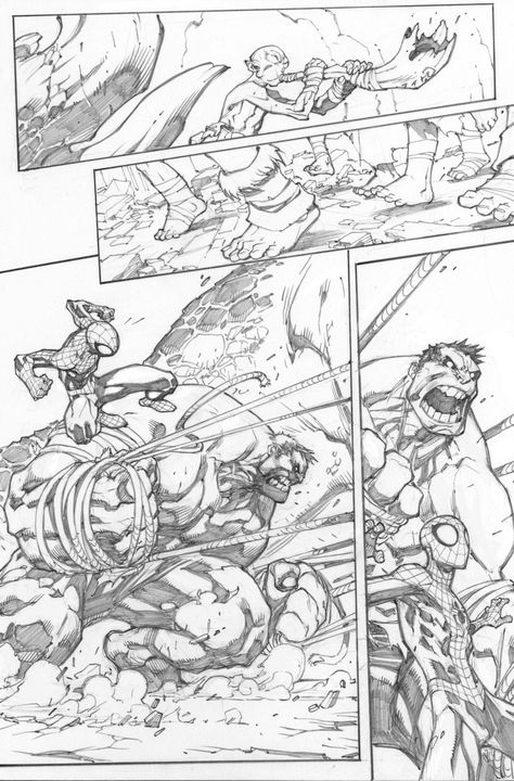 avenging spider-man #2, page 9 - joe madureira pencils / love comparing the pencils to the final Joe Madureira, Comic Book Layout, Comics Characters, Comic Layout, Comic Book Artwork, Comic Book Pages, Spider Man 2, Poses References, Comic Page