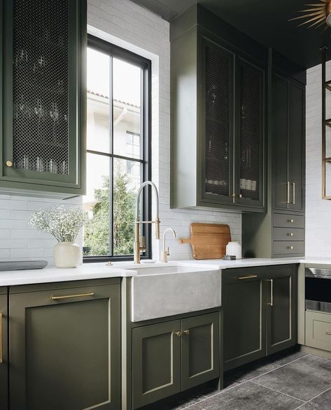 Olive Green Kitchen Cabinets, Green Kitchen Cabinet, Vintage Farmhouse Sink, Olive Green Kitchen, Green Cabinet, Kate Marker Interiors, Kitchen Cabinet Ideas, Green Kitchen Cabinets, Glass Front Cabinets