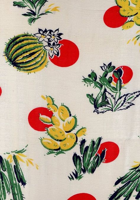 Vintage Retro 1940s Cotton Fabric Floral Cactus Pattern ... Vintage Textiles Patterns, Vintage Fabric Prints, Vintage Fabric Patterns, Vintage Cactus, Conversational Prints, Floral Textile, Cactus Pattern, Small Sewing, Small Sewing Projects