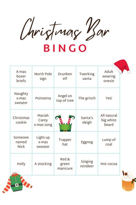 Make it a merry night out with this printable set of ten Christmas bar bingo cards. A fun drinking game to play with a group of adults for christmas bar crawls, ugly sweater parties, holiday bar hopping, and more! Get this game for free on my site Free Print + Play. Christmas Party Games For Adults, Fun Drinking Games, Holiday Bar, Fun Christmas Party Games, White Cookie, Christmas Bingo, Bar Hopping, Tree Sweater, Bar Games