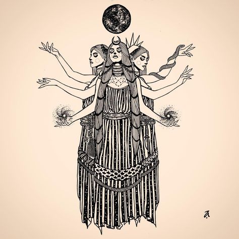 Mary Magdalene Tattoo Design, Three Witches Tattoo, Hekate Drawing, Hecate Goddess Tattoo Design, Hecate Goddess Tattoo, Triple Goddess Tattoo, Hekate Tattoo, Hecate Tattoo, Goddess Illustration