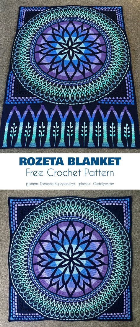 Rozeta Blanket Free Crochet Pattern It is a very decorative and elegant project that will be the highlight of any room you choose to grace with it. Crochet Stained Glass Afghan, Stained Glass Crochet Pattern, Optical Illusion Crochet Patterns Free, Stained Glass Crochet Patterns Free, Crochet Patterns Decor, Stain Glass Crochet, Afghan Crochet Patterns Free, Crochet Mandala Blanket, Mosaic Crochet Patterns Free