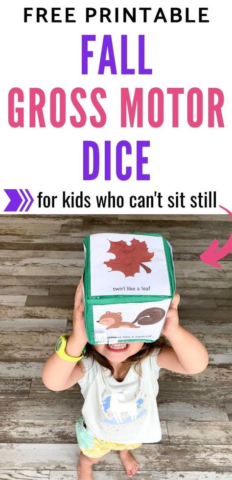 Does your child love to wiggle? Work out the toddler, preschooler, or kindergartener wiggles with this free printable fall theme gross motor game! These gross motor dice are great as a brain break or indoor gross motor activity. Click through to get your gross motor cube inserts and printable dice today! Gross Motor Fall Activities Preschool, September Gross Motor Activities, Seasons Gross Motor Activities, Rainy Day Gross Motor Activities For Preschoolers, Leaves Gross Motor Activities, Leaf Large Motor Activities, Gross Motor Thanksgiving Activities For Preschoolers, Preschool Fall Movement Activities, Fall Motor Skills Preschool