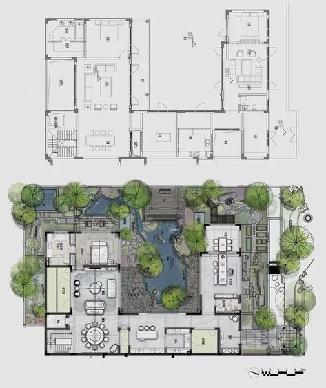 Japanese Courtyard House Plans, Japanese Courtyard House, U Shaped House Plans, U Shaped Houses, Courtyard House Plans, Courtyard Design, Casas The Sims 4, Architectural Floor Plans, Architectural Design House Plans