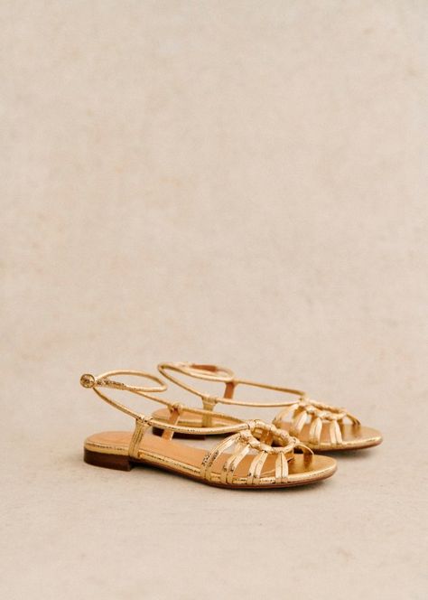 Gloria Low  Sandals - Smooth Gold - Goat Leather - Sézane Low Sandals, Strap Sandals Flat, Gold Flat Sandals, Brass Pin, Summer Flats, Leather Sandals Flat, Gold Sandals, Sheep Leather, Card Bag