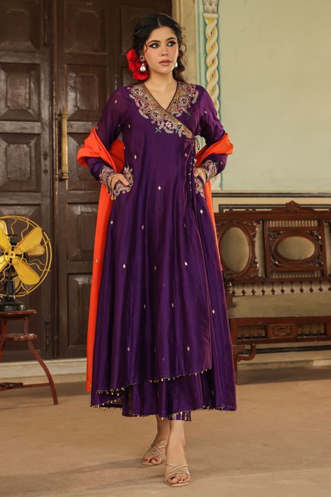 Shop for these amazing collections of Purple Anarkali And Dupatta Chanderi Silk Paisley Zardozi Angarakha Palazzo Set For Women by Label Niti Bothra online at Aza Fashions. Anarkali Work Embroidery, Churidar Salwar Suit Designs, Purple Colour Anarkali Dress, Aza Fashion Anarkali, Latest Anarkali Dress Designs 2024, Long Anarkali Designs, Latest Anarkali Designs 2024, Party Wear Suit Designs For Women, Purple Anarkali Suits