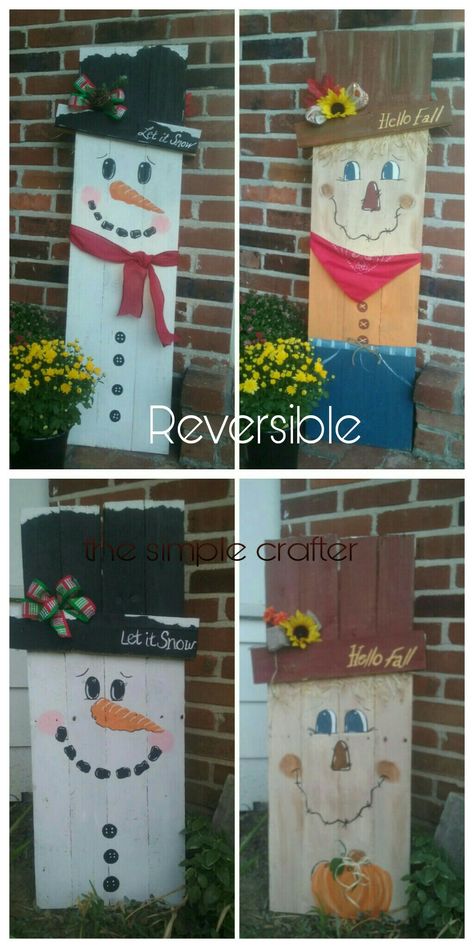 Porch Scarecrow Diy, Snowman Boards, Wooden Scarecrow Ideas, Scarecrow Sign, Reversible Scarecrow And Snowman Diy, Paint Stick Scarecrow, Reversible Scarecrow And Snowman, Snowman Pumpkin Reversible Wood, Scarecrow Porch Sign