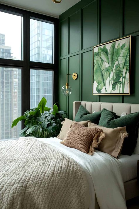 Green Moody Bedroom Ideas, Moss Bedroom Aesthetic, Green Bedrooms Aesthetic, Green Main Bedroom, Forest Green Bedroom Color Scheme, Forest Green Room Ideas Bedroom, Calm House Aesthetic, Forest Green Accent Wall Bedroom, Forest Green Bedroom Decor