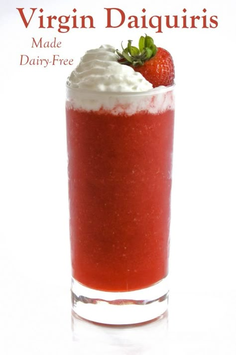 Daiquiris Recipe, Virgin Strawberry Daiquiri, Strawberry Daiquiri Recipe, Frozen Strawberry Daiquiri, Frozen Daiquiri, Daiquiri Recipe, Frozen Strawberry, Vegan Whipped Cream, Drink Recipes Nonalcoholic