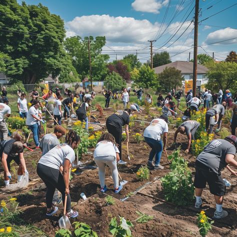 Community Gardening Effort: A group of volunteers engage in a community gardening project on a sunny day, nurturing nature. #community #gardening #volunteers #plants #teamwork #aiart #aiphoto #stockcake ⬇️ Download and 📝 Prompt 👉 https://ayr.app/l/Fdis Community Aesthetic, College Garden, Period Poverty, Farming Community, Community Picture, Action Board, Community Gardens, Values Education, Engineering Tools