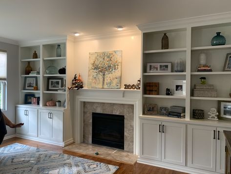 Fireplace Built Ins Long Wall, Built In Bookshelves Living Room Fireplace, Updated Built Ins, Bookcase By Fireplace, Blue Family Room Ideas, Fireplace Cabinets On Each Side, Built In Bookcases Around Fireplace, Fireplace With Bookshelves On Each Side, Bookcases Around Fireplace