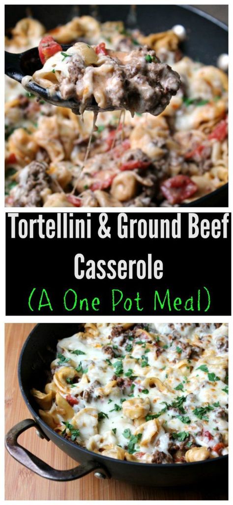 This cheesy, beefy, tortellini casserole has quickly become one of my family favorites.  Plus, it's one of my favorites, not only for the taste but I love a meal that is ready in under 30 minutes and is made in one pan for easy cleanup! Tortellini And Ground Beef, One Pot Tortellini, Resep Steak, Dinner Beef, Crockpot Recipes Beef Stew, Resep Pasta, Beef Steak Recipes, Beef Stew Crockpot, One Pot Meal