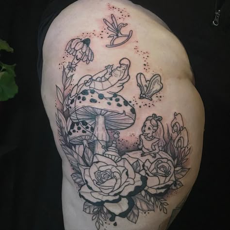 Alice In Wonderland Chest Tattoo, Alice In Wonderland Patchwork Tattoo, Alice In Wonderland Mushroom Tattoo, Alive In Wonderland Tattoos, Alice In Wonderland Flash Tattoo, Alice In Wonderland Flowers Tattoo, Alice In Wonderland Tattoo Sleeve, Disney Thigh Tattoo, Caterpillar Tattoo