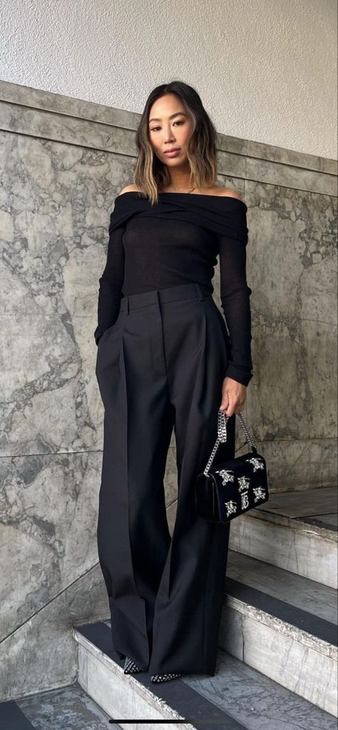 Work Outfit Cold Weather, Black Sheer Blouse Outfit, Chic Off-shoulder Winter Top, Black Off-shoulder Top For Evening In Fall, Chic Off-shoulder Blouse For Night Out, All Black Elegant Outfit, Grey And Black Outfits, Chic Black Off-shoulder Top, Gala Outfits For Women