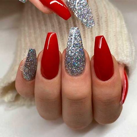 Red Nails With Silver Glitter, Silver And Red Nails, Red Nails With Silver, Red And Silver Nail Designs, V French Tip Nails, Tip Nails Designs, V French Tip, Nails With Silver Glitter, Jazzy Nails