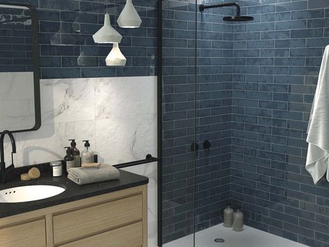 Navy Blue Tile, Styl Grunge, Natural Stone Flooring, Subway Tiles, Bathroom Backsplash, Blue Bathroom, Blue Tiles, Bathroom Wallpaper, Natural Stone Tile