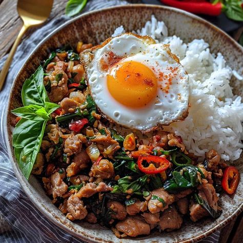 Thai Basil Pork Stir-Fry (Pad Kra Pao Moo) - Susie Cooks Thai Basil Pork, Thai Basil Pork, Pad Kra Pao, Birds Eye Chili, Pork Stir Fry, Thai Basil, Spicy Chili, Jasmine Rice, Oyster Sauce